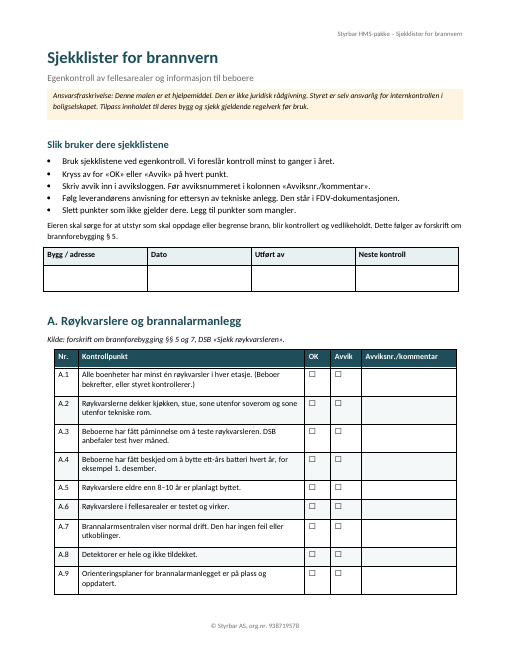 Forhåndsvisning: Sjekklister for brannvern (Komplett)